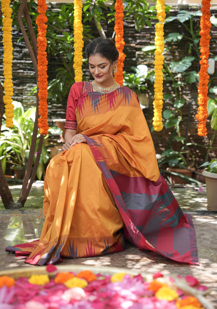 Pale Mustard Yellow Tone and Two Color Temple Border on Art Silk Saree With Double color Indian kotki design Pallu