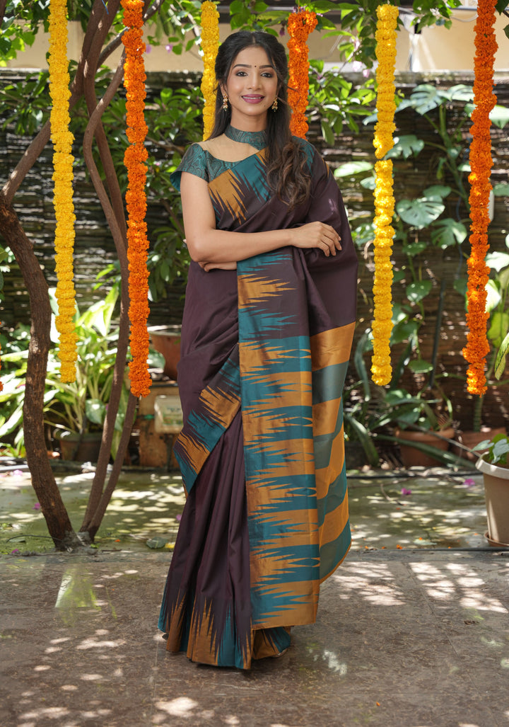 Brown Art Silk Saree with Two Color Temple Border