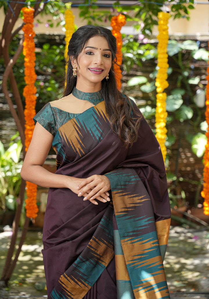 Brown Art Silk Saree with Two Color Temple Border