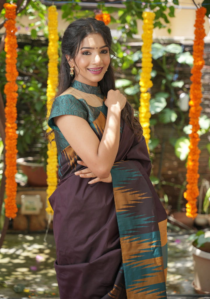 Brown Art Silk Saree with Two Color Temple Border