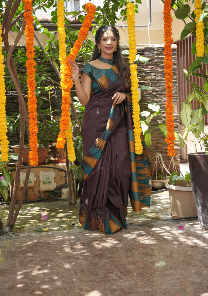 Brown Art Silk Saree with Two Color Temple Border