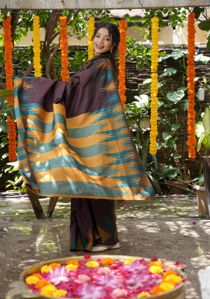 Brown Art Silk Saree with Two Color Temple Border
