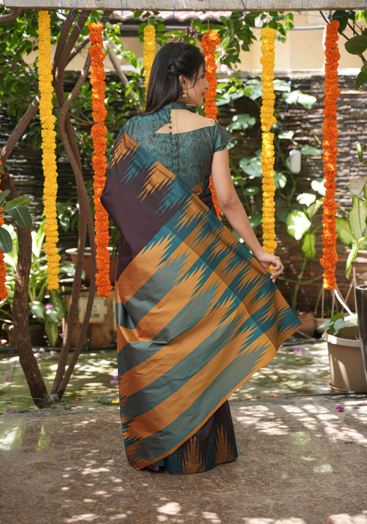 Brown Art Silk Saree with Two Color Temple Border