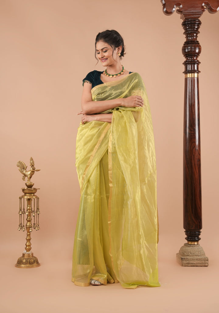 Pistachio Green and Gold  Half and Half Tissue Stripes Maheshwari Silk Cotton Saree