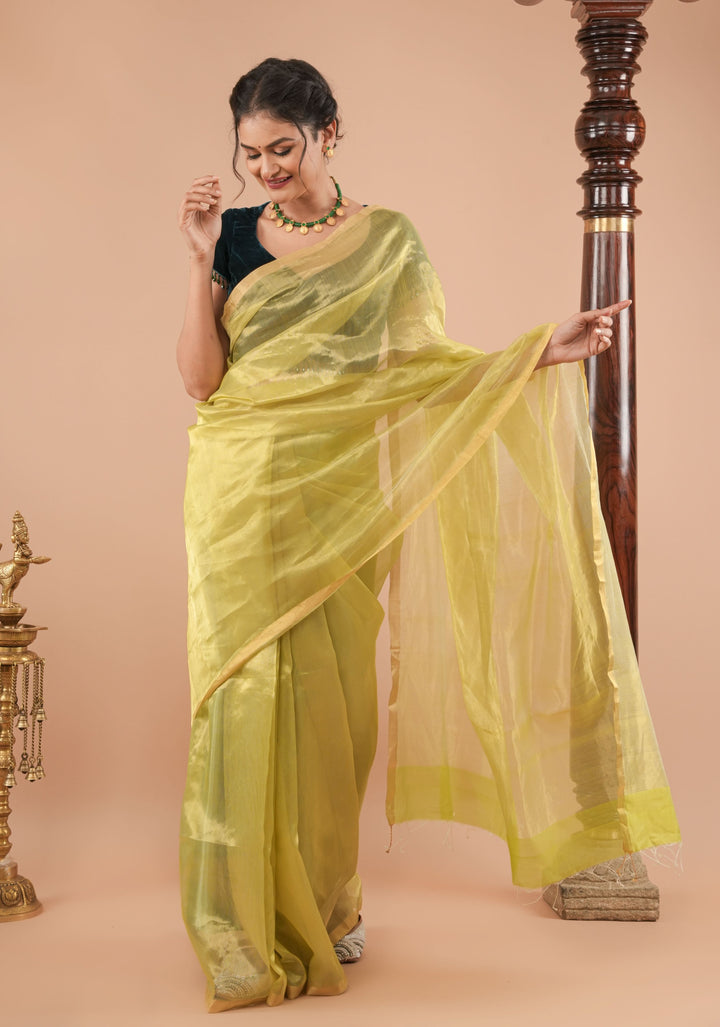 Pistachio Green and Gold  Half and Half Tissue Stripes Maheshwari Silk Cotton Saree