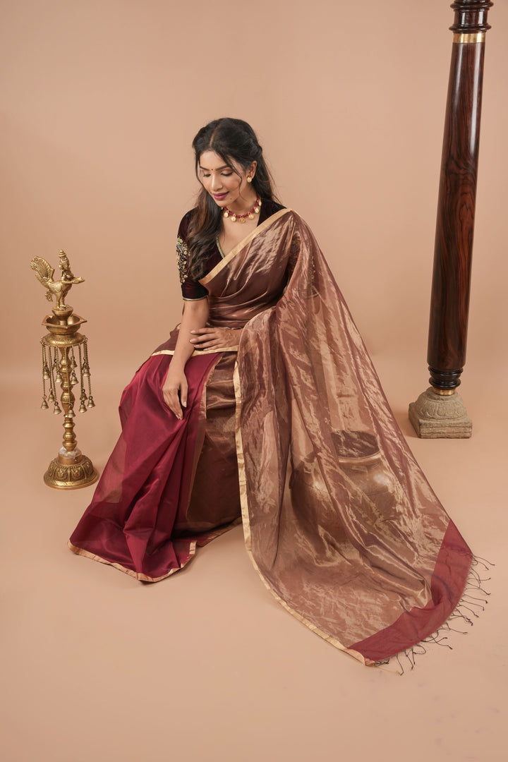 Exquisite Half and Half Maroon and Zari Tissue Maheshwari Silk Cotton Saree