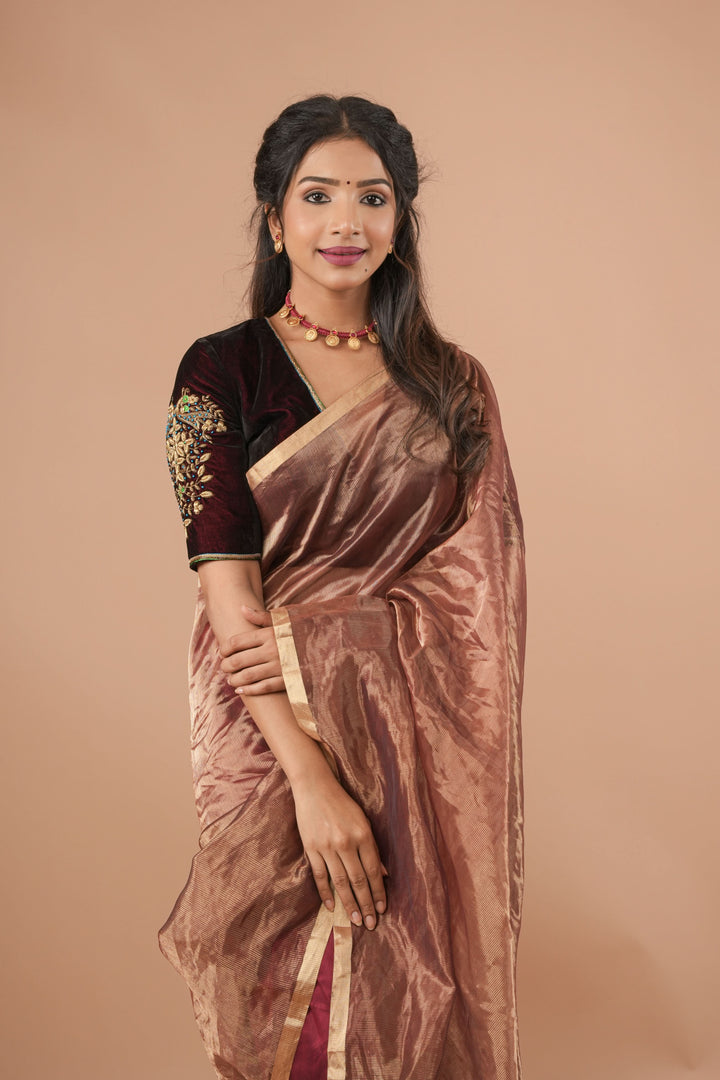 Exquisite Half and Half Maroon and Zari Tissue Maheshwari Silk Cotton Saree