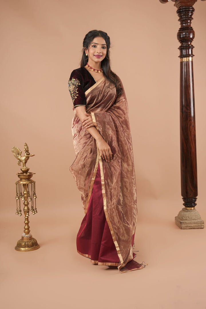 Exquisite Half and Half Maroon and Zari Tissue Maheshwari Silk Cotton Saree