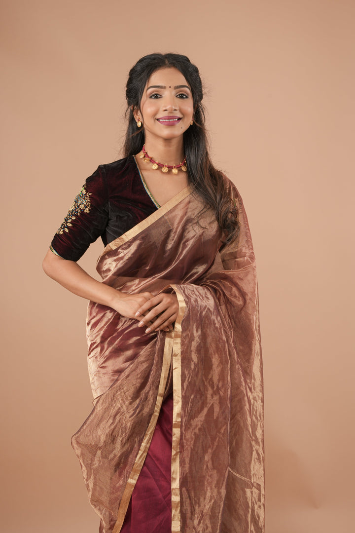 Exquisite Half and Half Maroon and Zari Tissue Maheshwari Silk Cotton Saree