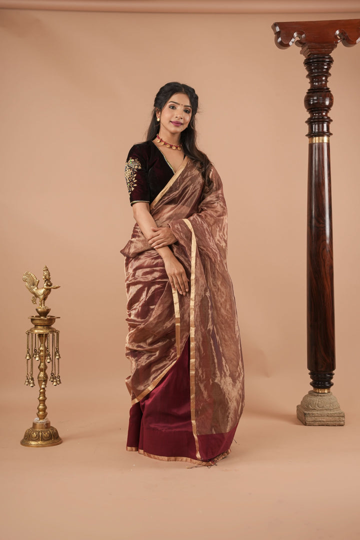 Exquisite Half and Half Maroon and Zari Tissue Maheshwari Silk Cotton Saree