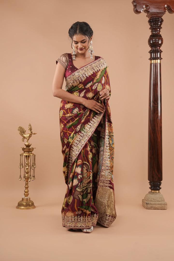 Burgandy Gajji Silk Saree with Gotta Patti Border,Crushed zari pallu and vishnu theme kalamkari Digital Print