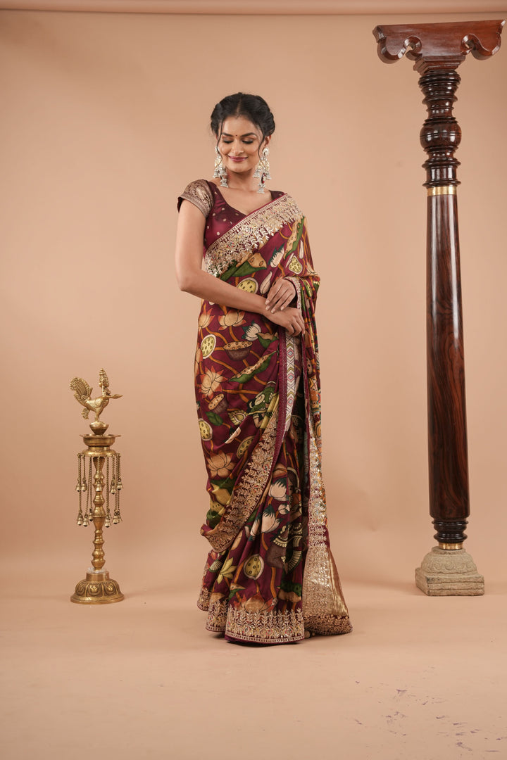 Burgandy Gajji Silk Saree with Gotta Patti Border,Crushed zari pallu and vishnu theme kalamkari Digital Print
