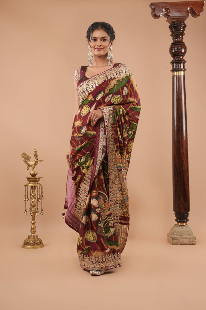 Burgandy Gajji Silk Saree with Gotta Patti Border,Crushed zari pallu and vishnu theme kalamkari Digital Print