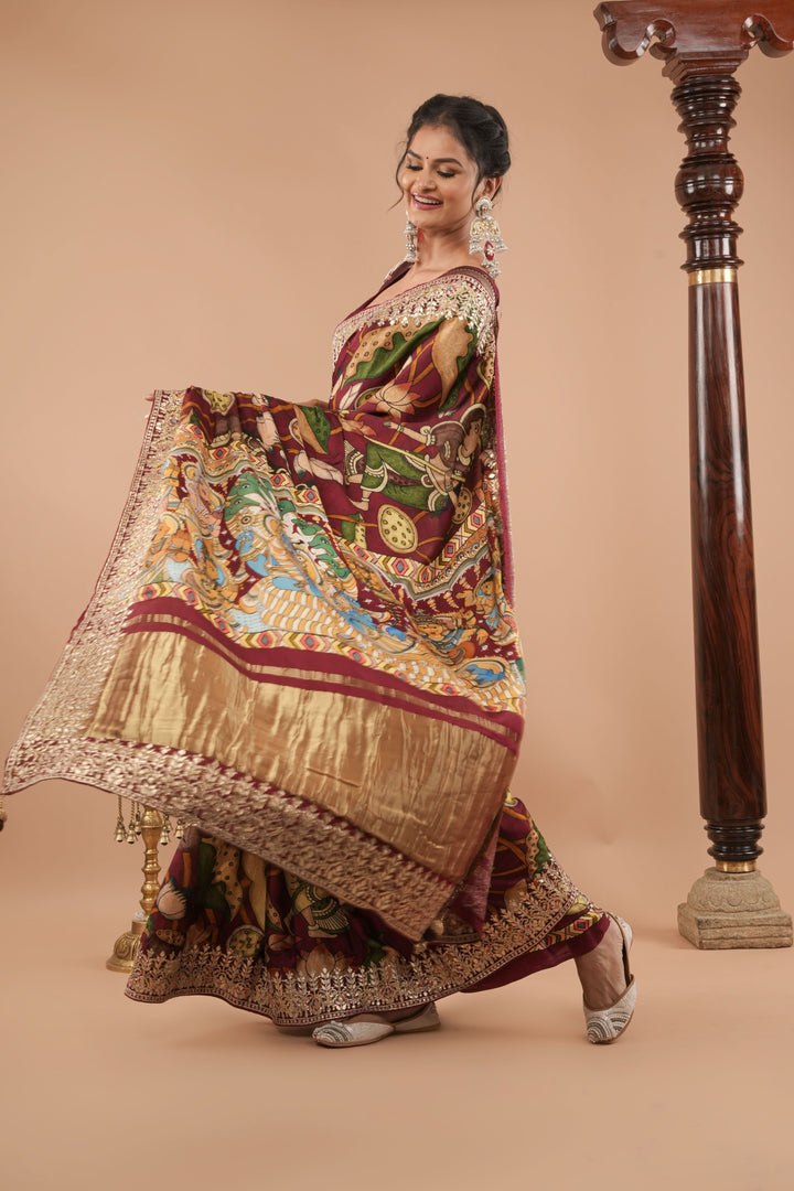 Burgandy Gajji Silk Saree with Gotta Patti Border,Crushed zari pallu and vishnu theme kalamkari Digital Print