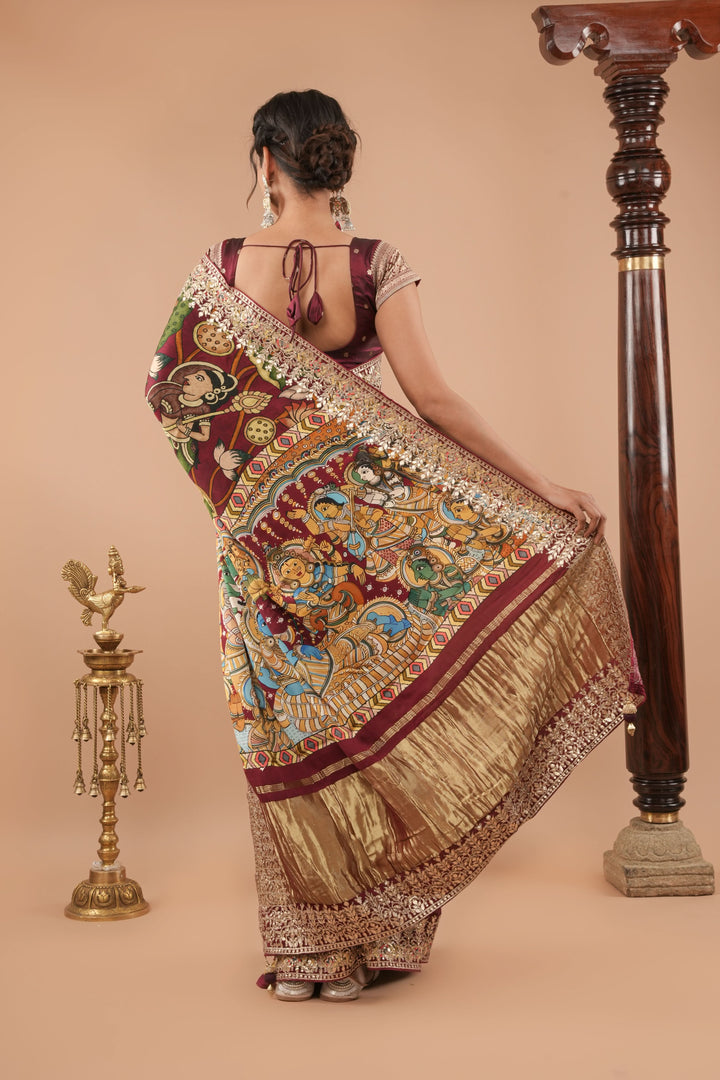 Burgandy Gajji Silk Saree with Gotta Patti Border,Crushed zari pallu and vishnu theme kalamkari Digital Print