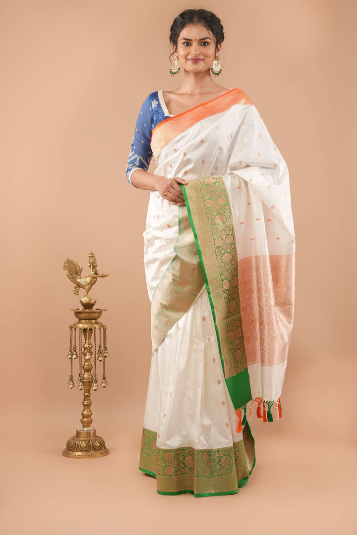 Tricolor Banarasi Pure Katan Silk saree with Blue Blouse piece | SILK MARK CERTIFIED