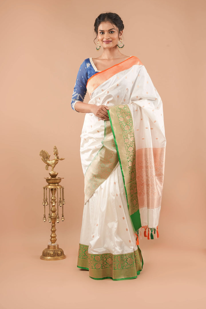 Tricolor Banarasi Pure Katan Silk saree with Blue Blouse piece | SILK MARK CERTIFIED