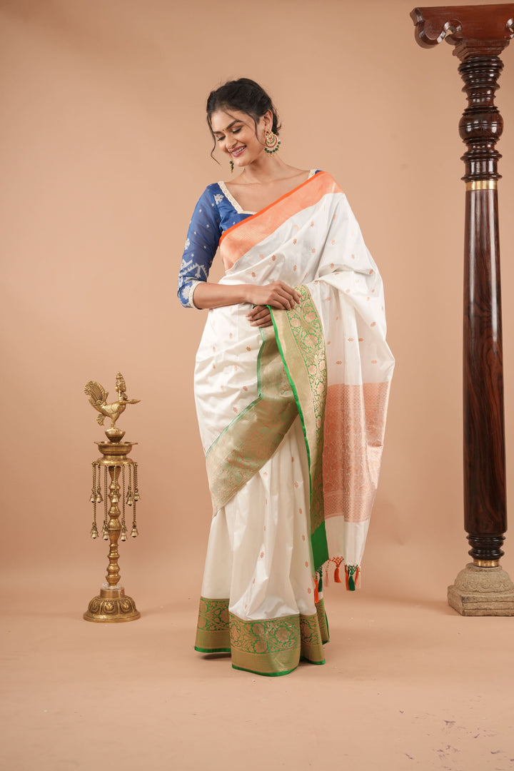 Tricolor Banarasi Pure Katan Silk saree with Blue Blouse piece | SILK MARK CERTIFIED