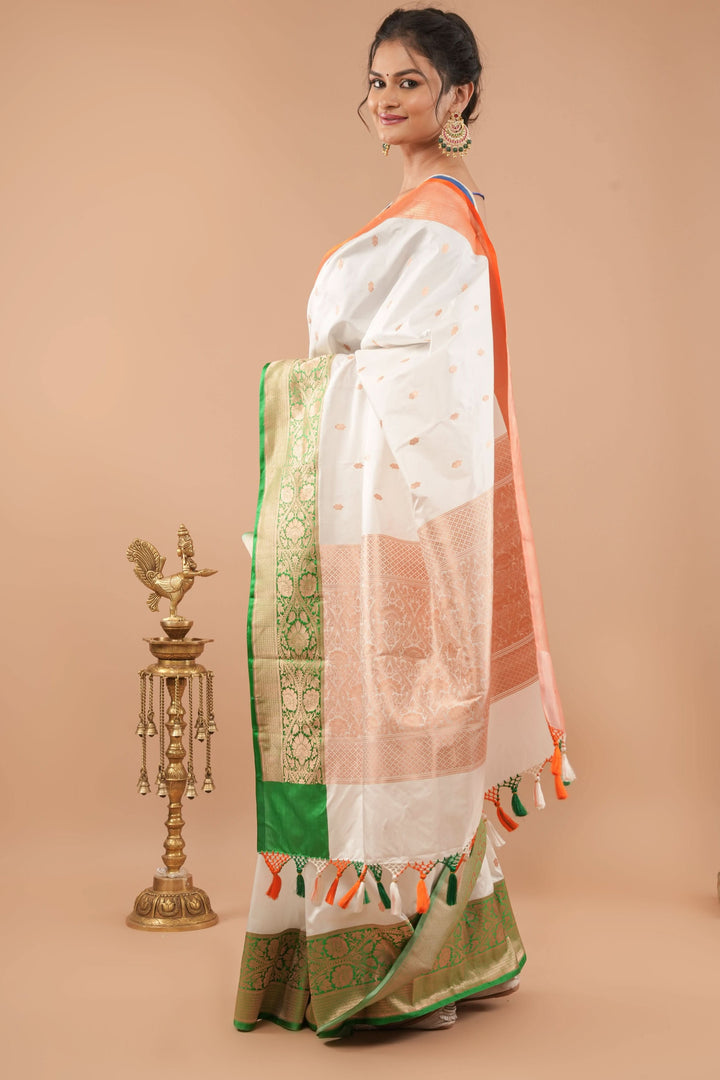 Tricolor Banarasi Pure Katan Silk saree with Blue Blouse piece | SILK MARK CERTIFIED