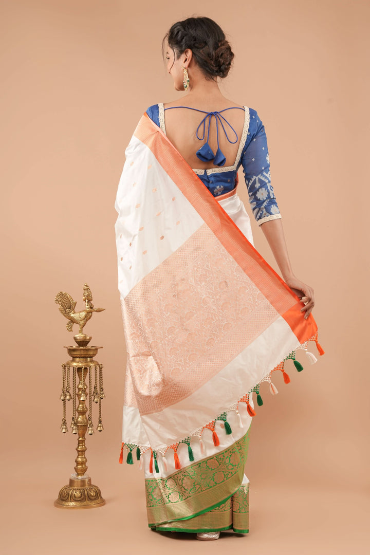 Tricolor Banarasi Pure Katan Silk saree with Blue Blouse piece | SILK MARK CERTIFIED