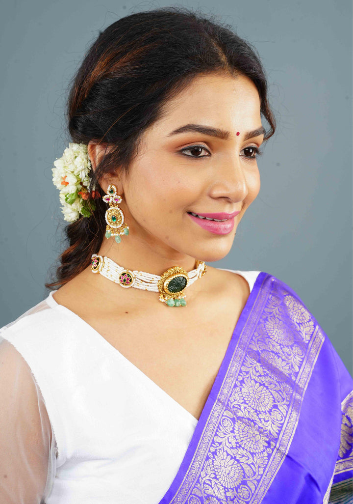 Antique Jadu Choker Set With Green Carved Stone  | Shobitam Jewelry