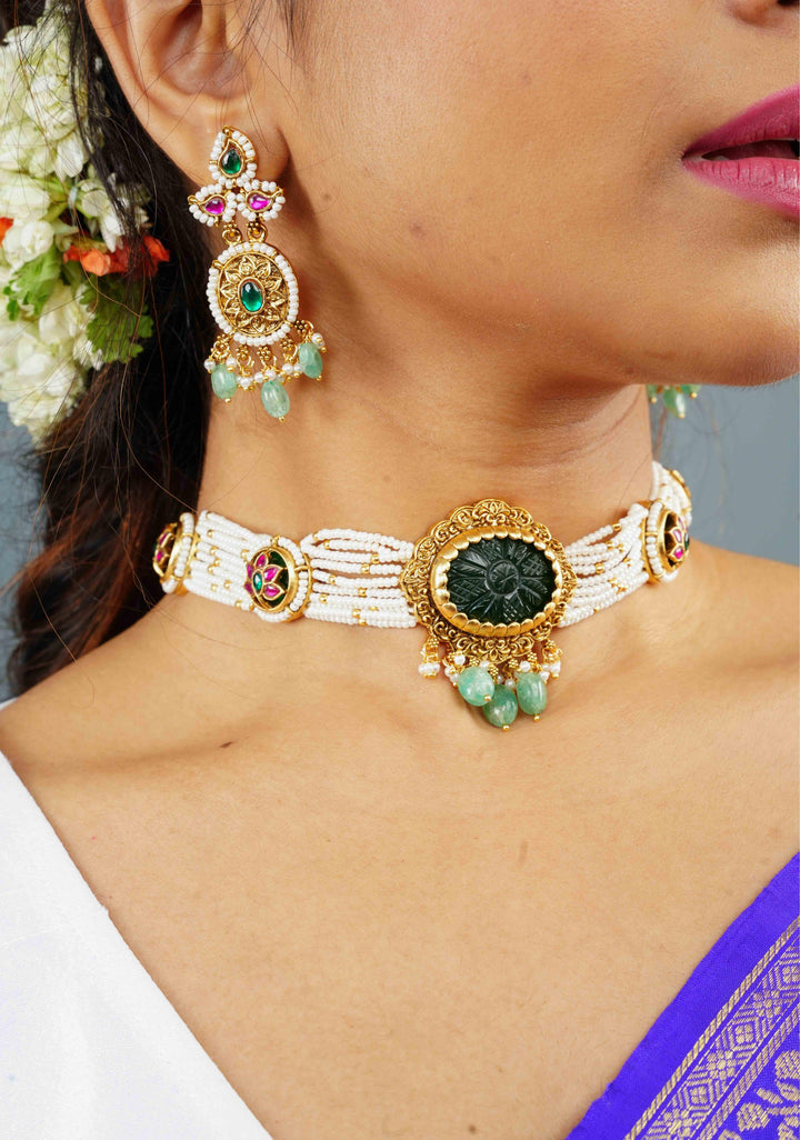 Antique Jadu Choker Set With Green Carved Stone  | Shobitam Jewelry