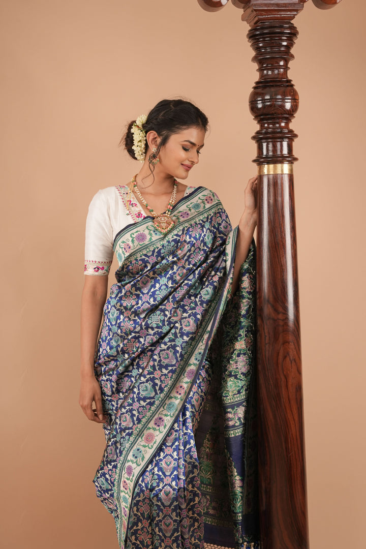 Exquisite Banarasi Patola Meenakari Katan Silk Saree in Blue with Intricate Pallu | SILK MARK CERTIFIED