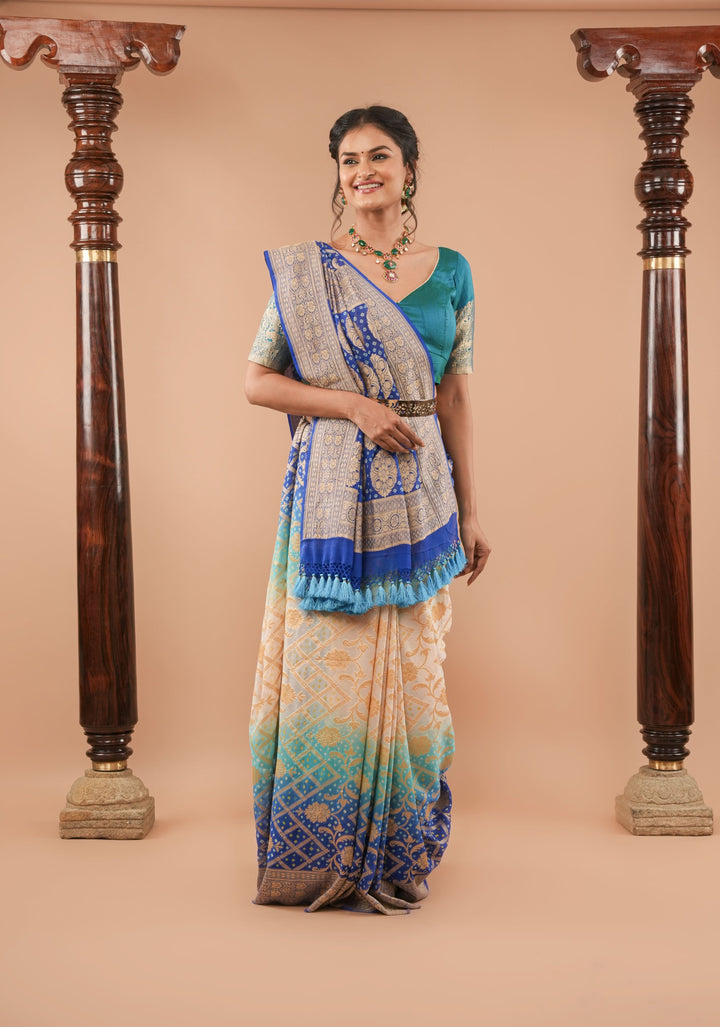 Shades of Blue and Beige ombre Georgette Pure Banarasi silk Saree | SILK MARK CERTIFIED