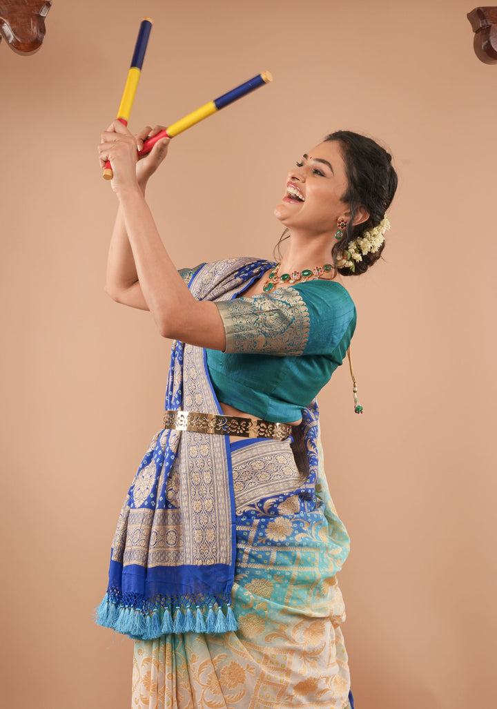 Shades of Blue and Beige ombre Georgette Pure Banarasi silk Saree | SILK MARK CERTIFIED