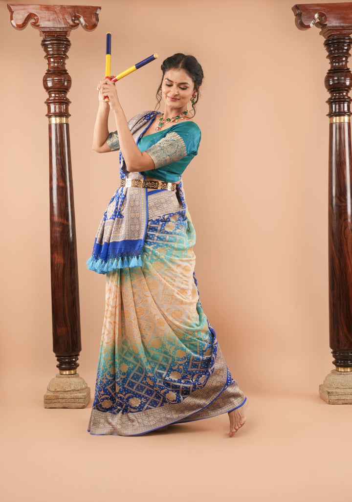 Shades of Blue and Beige ombre Georgette Pure Banarasi silk Saree | SILK MARK CERTIFIED