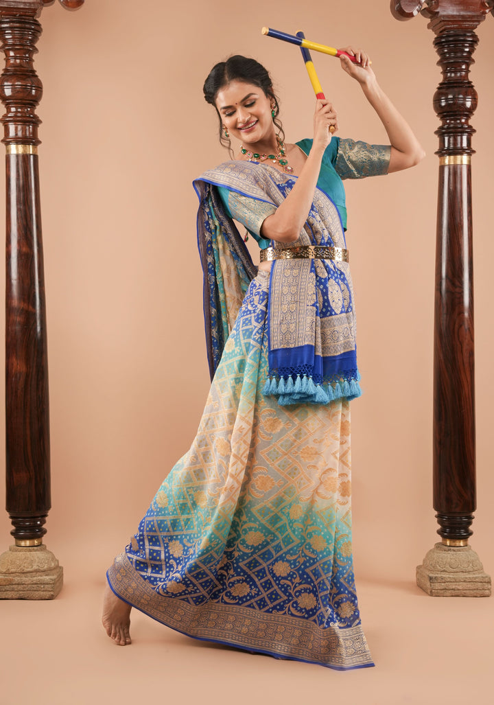 Shades of Blue and Beige ombre Georgette Pure Banarasi silk Saree | SILK MARK CERTIFIED