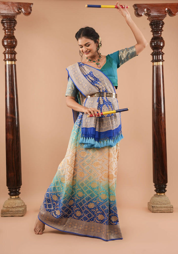 Shades of Blue and Beige ombre Georgette Pure Banarasi silk Saree | SILK MARK CERTIFIED