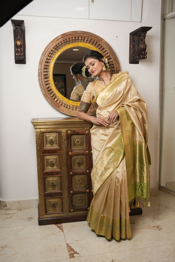 Beige Banarasi Pure Katan Silk Saree with Green Meenakari Border and Buttas | SILK MARK CERTIFIED