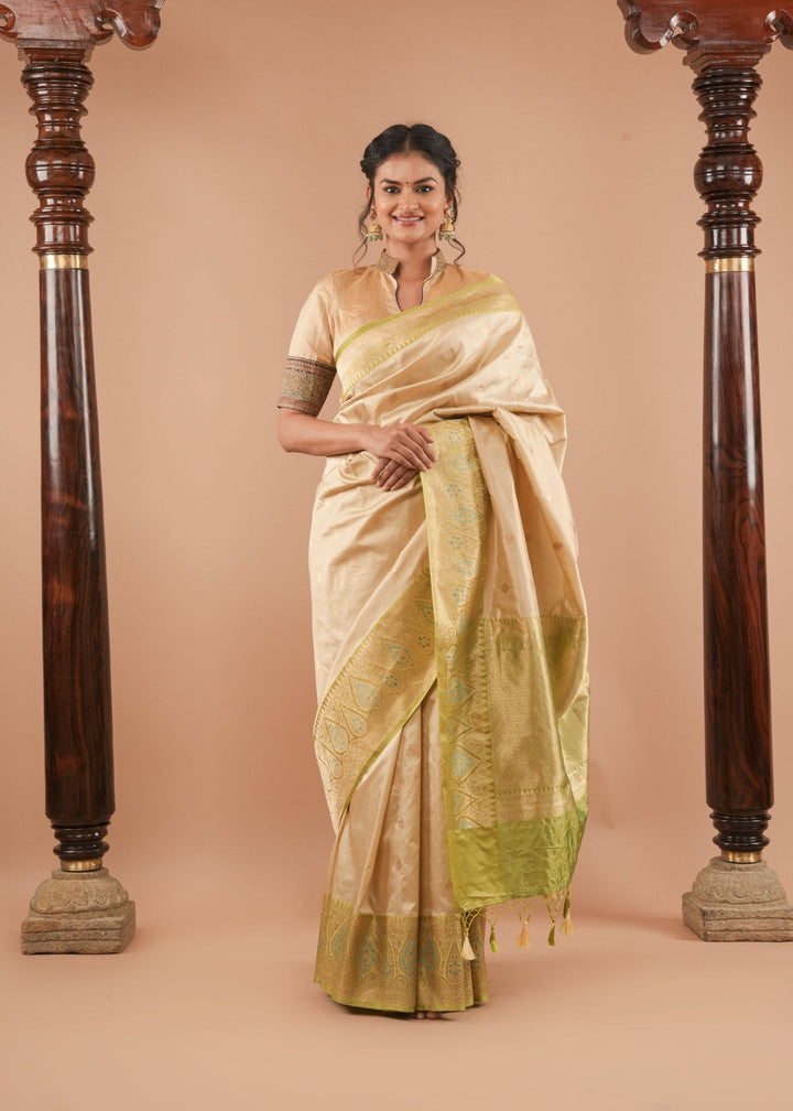 Beige Banarasi Pure Katan Silk Saree with Green Meenakari Border and Buttas | SILK MARK CERTIFIED