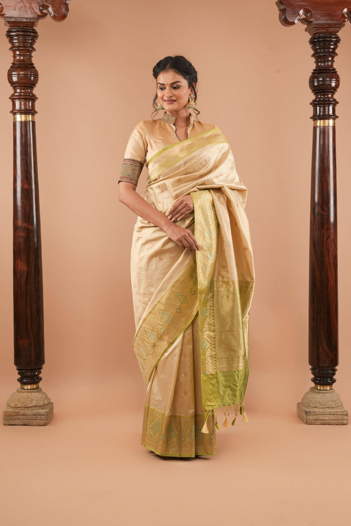 Beige Banarasi Pure Katan Silk Saree with Green Meenakari Border and Buttas | SILK MARK CERTIFIED