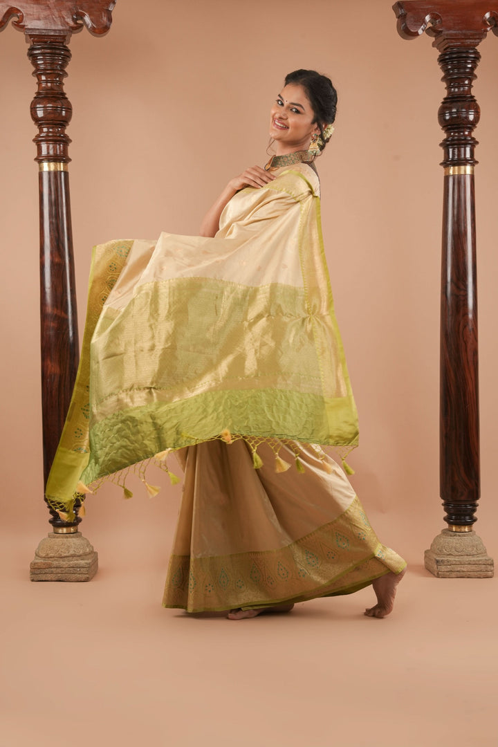 Beige Banarasi Pure Katan Silk Saree with Green Meenakari Border and Buttas | SILK MARK CERTIFIED