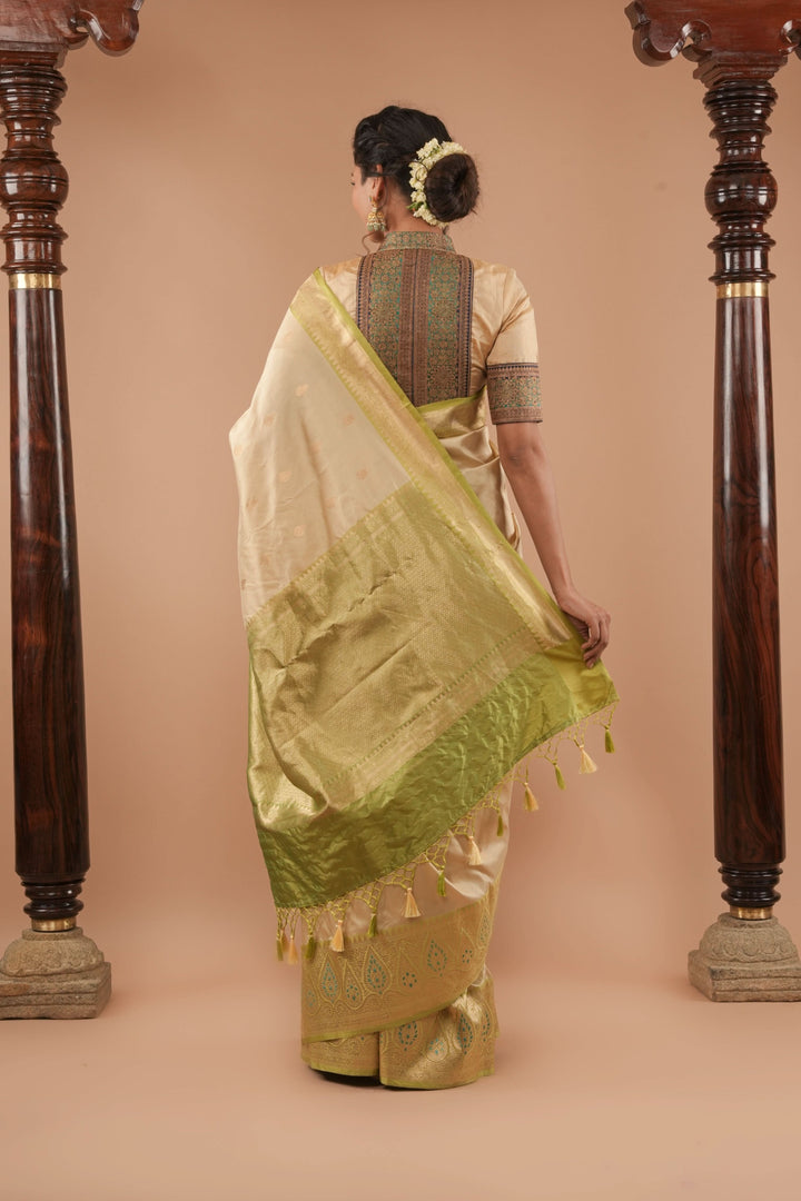Beige Banarasi Pure Katan Silk Saree with Green Meenakari Border and Buttas | SILK MARK CERTIFIED