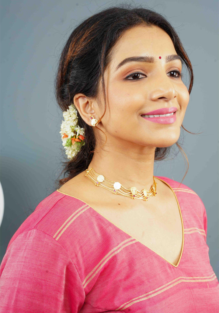 Gold tone Lakshmi Coin Layer Necklace with Earrings