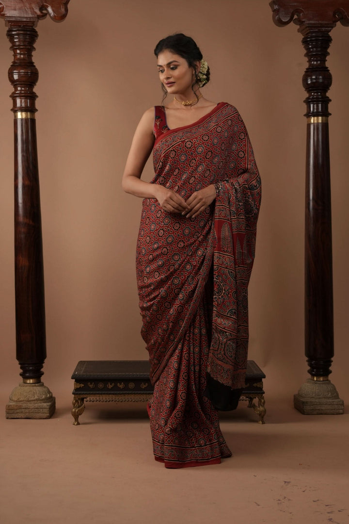 Red Ajrakh Hand Block Print on Modal Silk Saree