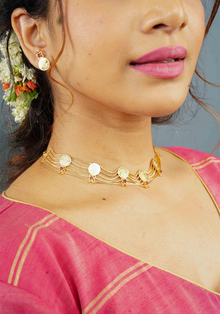 Gold tone Lakshmi Coin Layer Necklace with Earrings