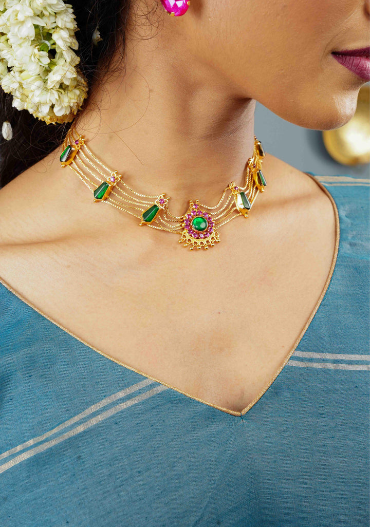 Gold tone kerala style pink-green nagapadam choker combo necklace set