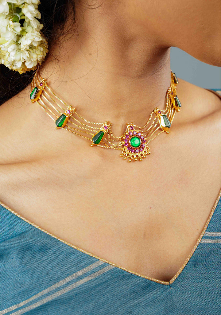 Gold tone kerala style pink-green nagapadam choker combo necklace set