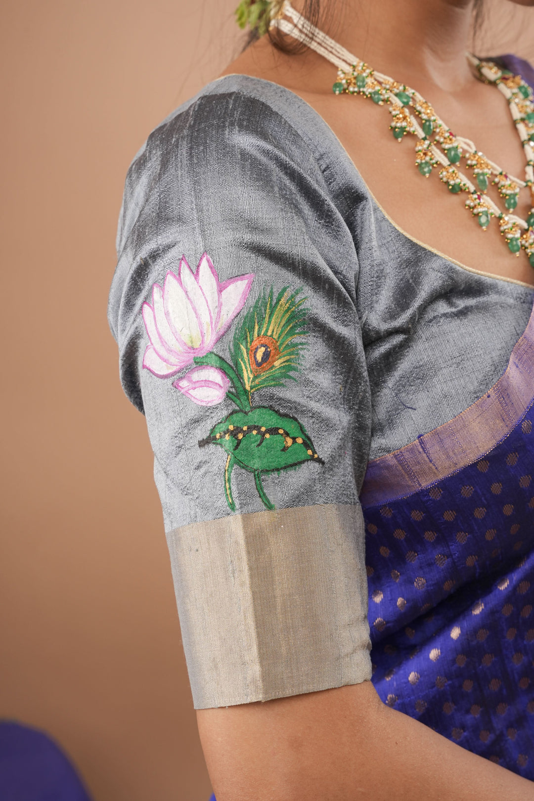 Pure raw silk blouse in Gray with Pichwai Cow Handpainting and zari borders, Customizable, Made to Order