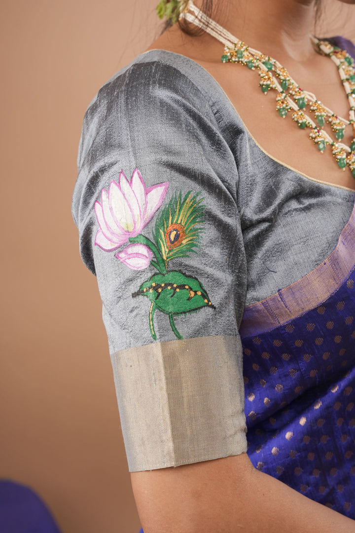 Pure raw silk blouse in Gray with Pichwai Cow Handpainting and zari borders, Customizable, Made to Order
