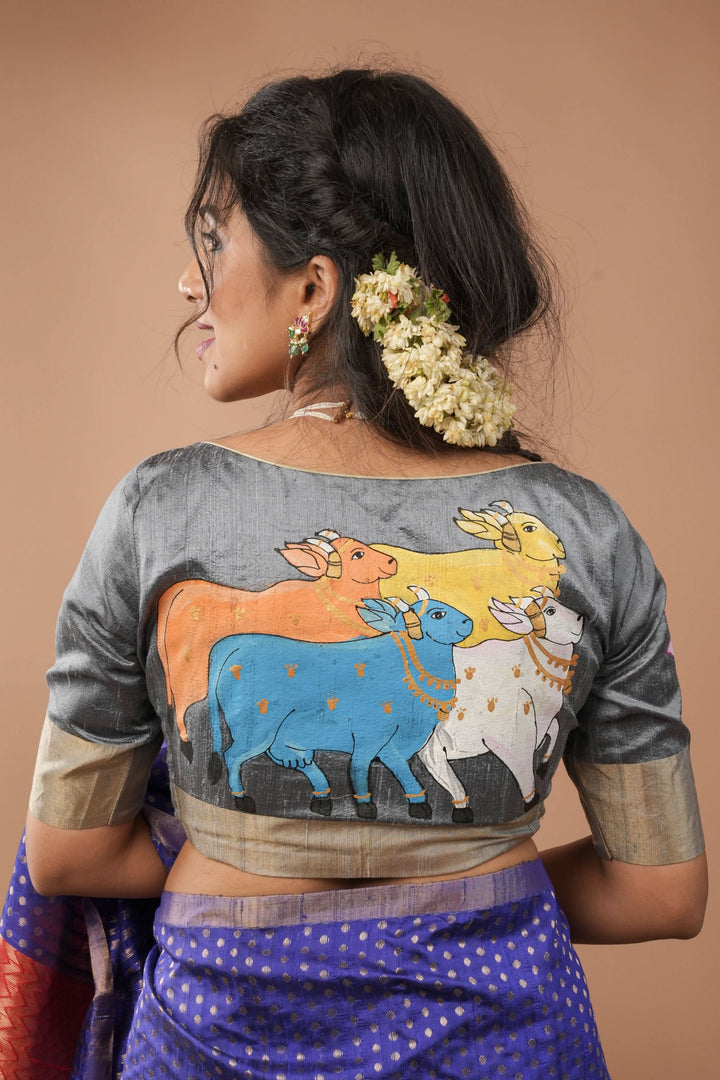 Pure raw silk blouse in Gray with Pichwai Cow Handpainting and zari borders, Customizable, Made to Order