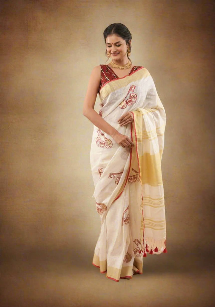 Linen by Linen Saree in White with Musical instruments embroidery motifs