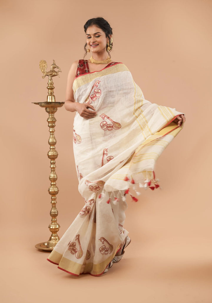 Linen by Linen Saree in White with Musical instruments embroidery motifs