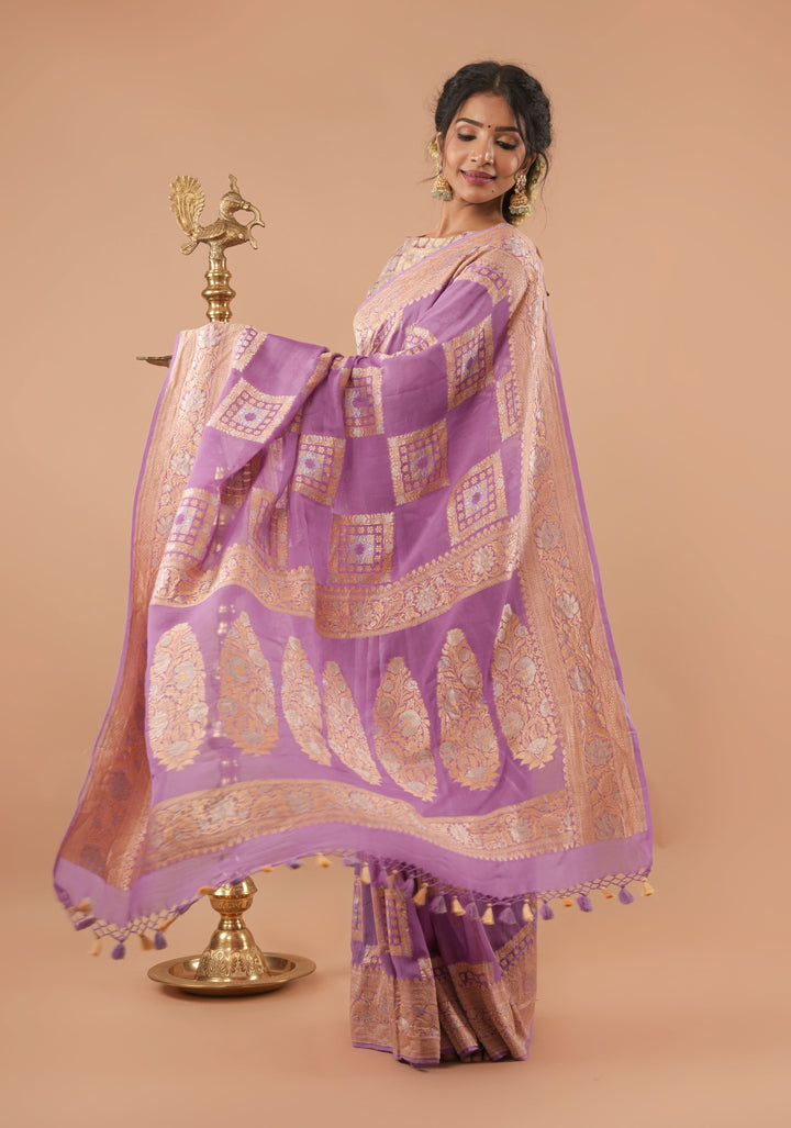 Alfi Sona Rupa Lavender Banarasi Pure Georgette Saree with square motifs and zari Border  | SILK MARK CERTIFIED