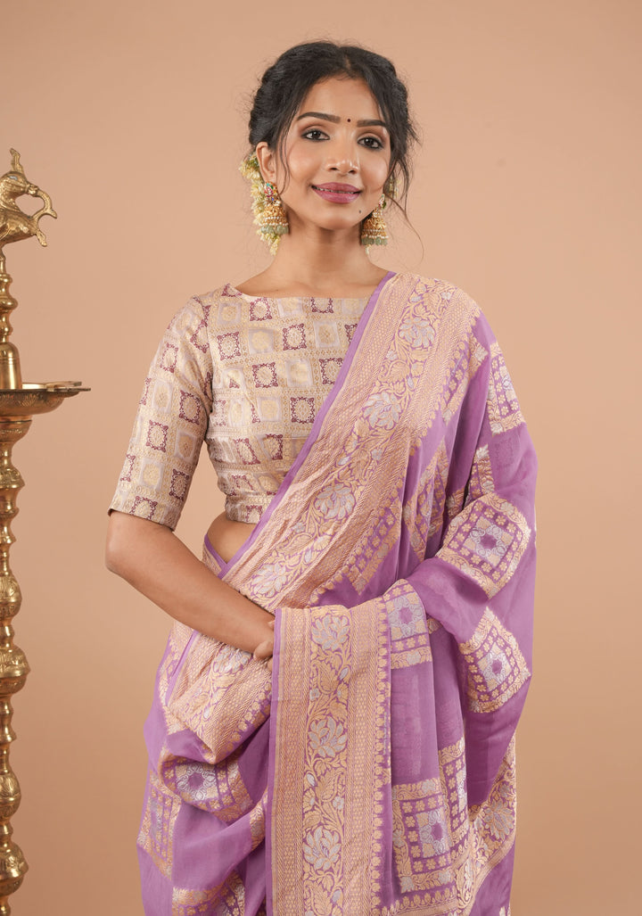 Lilac Patola Banarasi Brocade Blouse with Boat Neck and Back Step Neck, Customizable, Made to Order