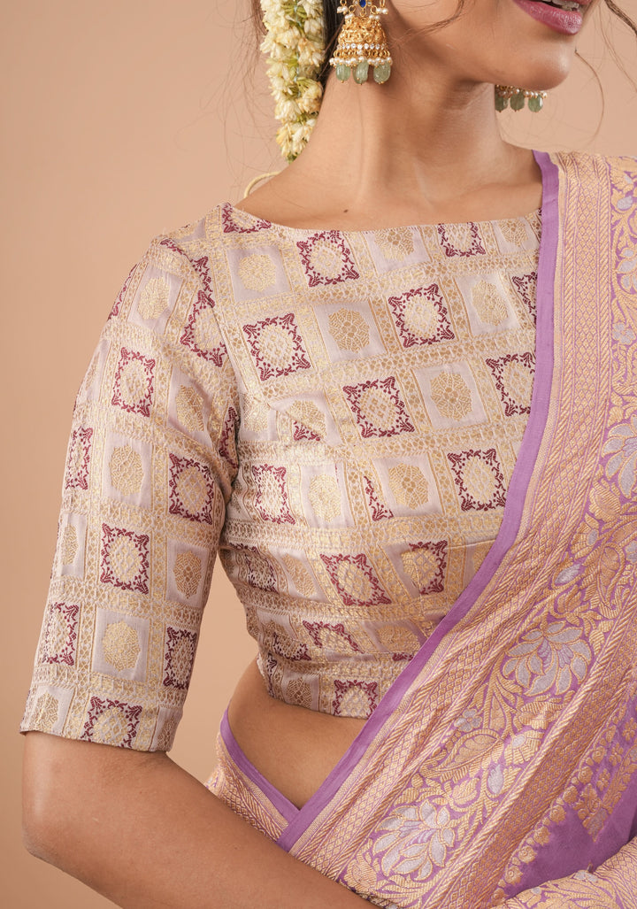 Lilac Patola Banarasi Brocade Blouse with Boat Neck and Back Step Neck, Customizable, Made to Order